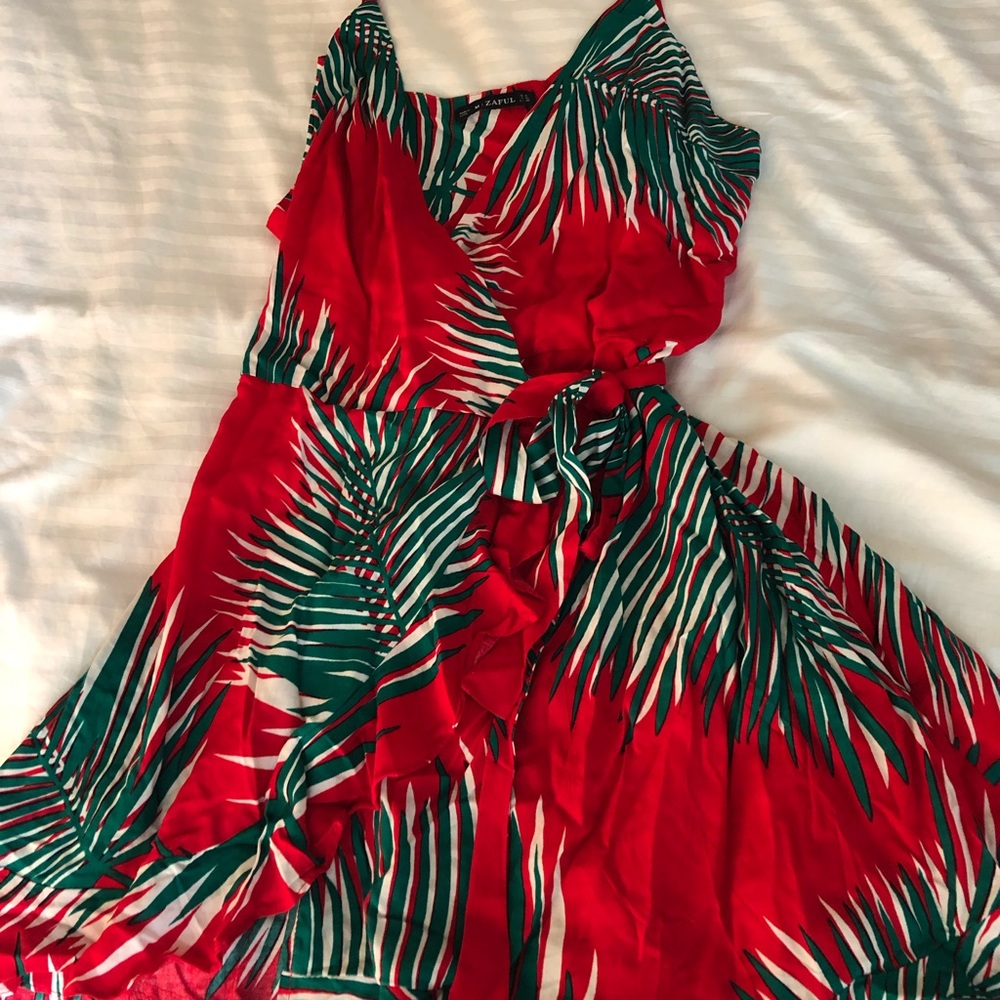 Red Palm Leaf Wrap Midi Dress